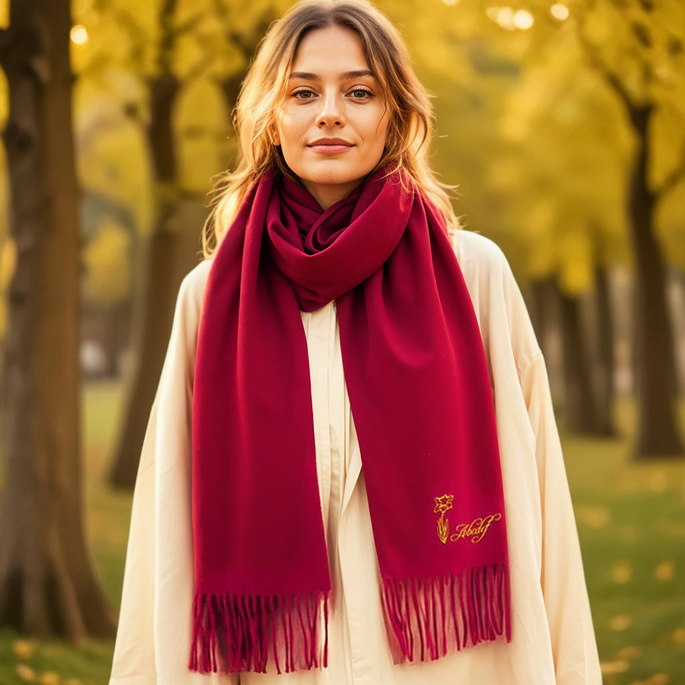 Custom Super Soft Warm Scarf with Embroidered Birth Flower and Text Personalized Fashion Accessory Birthday Christmas Gift for Couple Family
