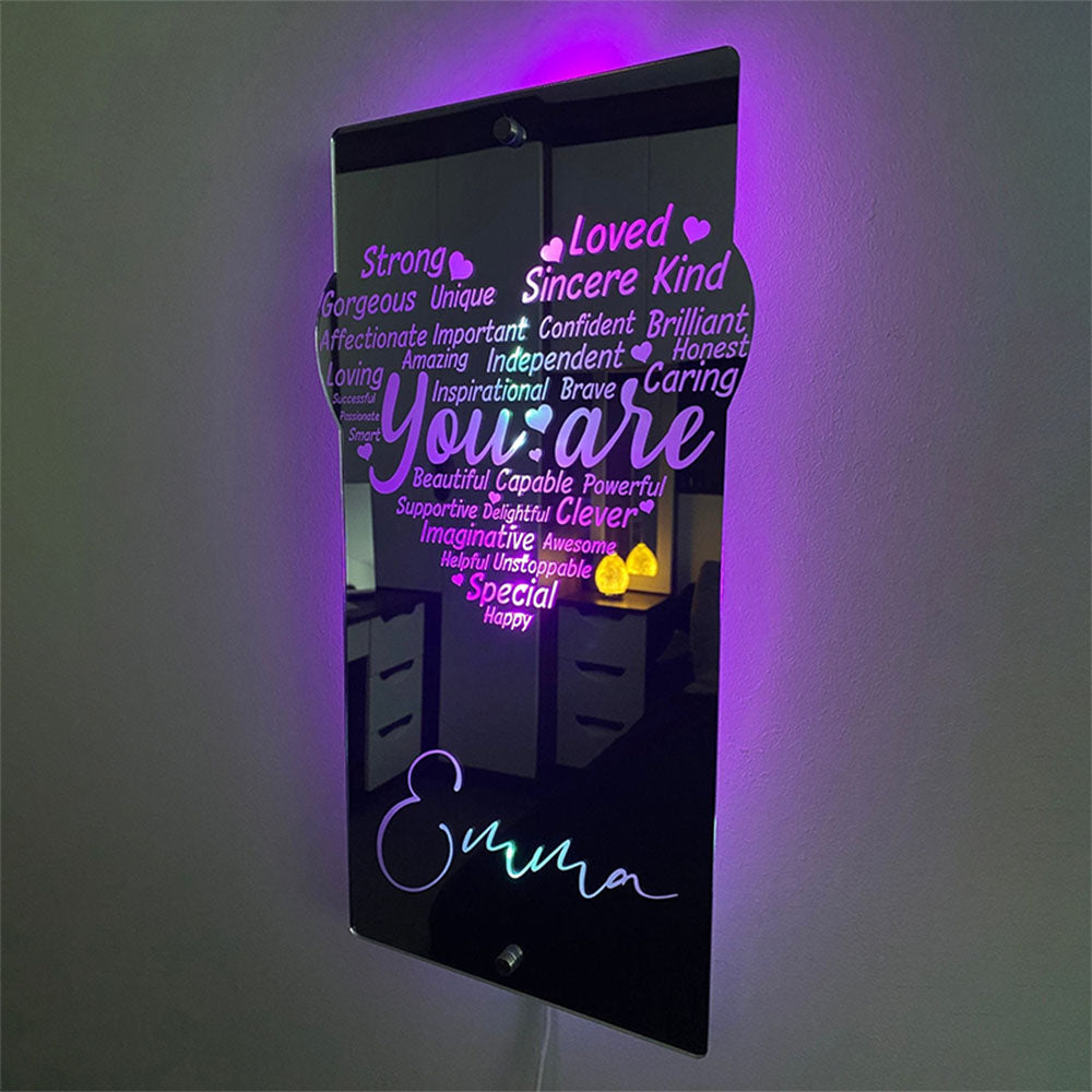 Custom Engraved Affirmation Heart Mirror Light Colorful Bedroom Lamp Mother's Day Anniversary Birthday Gifts - MyFaceTshirt