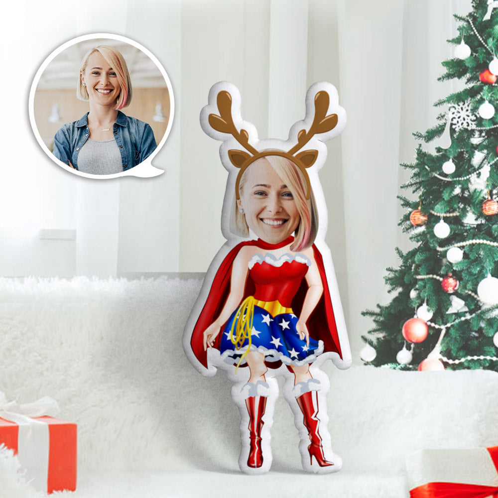 Custom Face Pillow Personalized Photo Pillow Christmas Gift Reindeer Superwoman MiniMe Pillow Gifts for Chirstmas - MyFaceTshirt