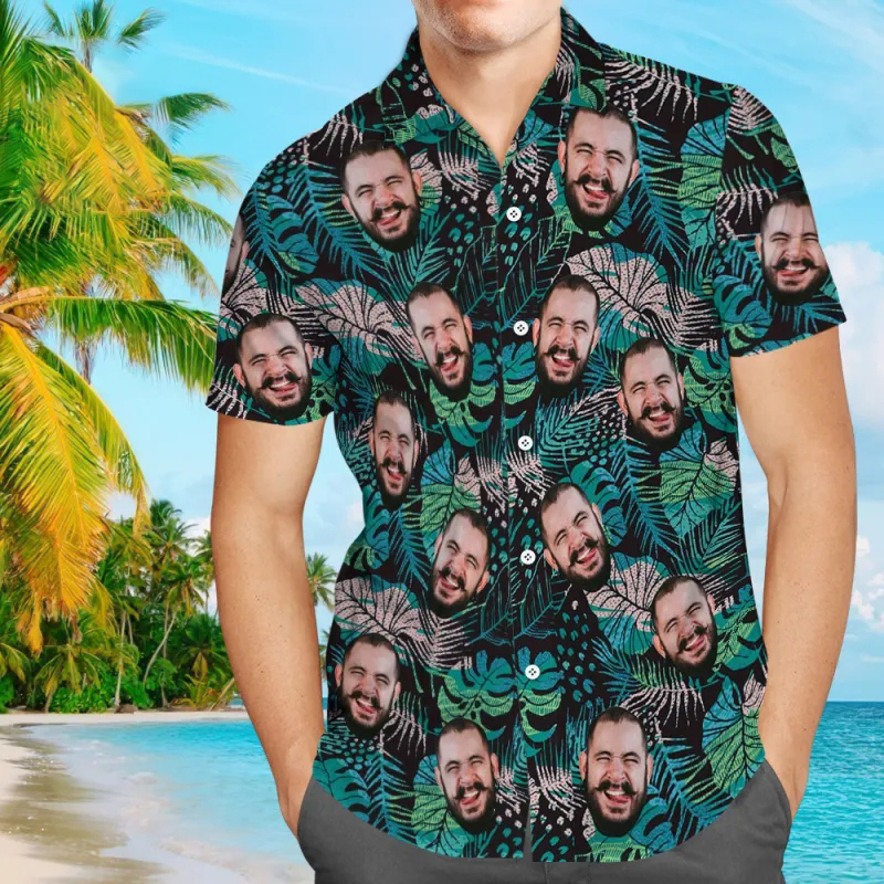 Custom Face Hawaiian Shirt Men's All Over Print Large Leaves Short Sleeve Shirt