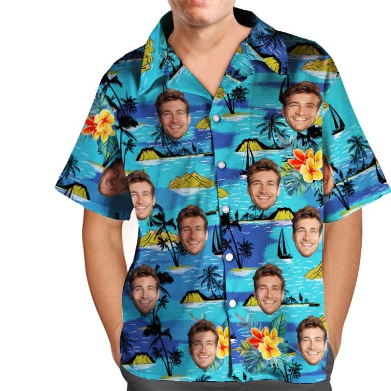 Custom Face Hawaiian Shirt Men's All Over Print Large Leaves Short Sleeve Shirt