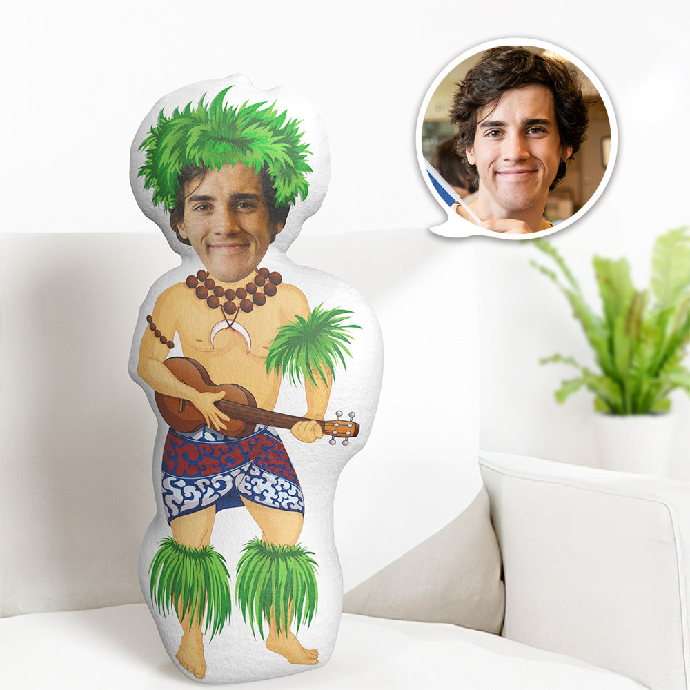 Custom Hawaiian Style Male Body MiniMe Pillow Face Pillow Personalized Grass Skirt And Small Guitar Pillow Custom Pillow Picture Pillow Costume Pillow Doll - MyFaceTshirt