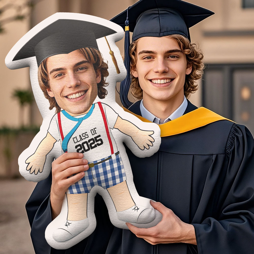 Custom Minime Throw Pillow Graduation Blue Plaid Shorts Vacation Grad Pillow Personalized Photo Minime Pillow For Graduated Students Back to School Gift - MyFaceTshirt