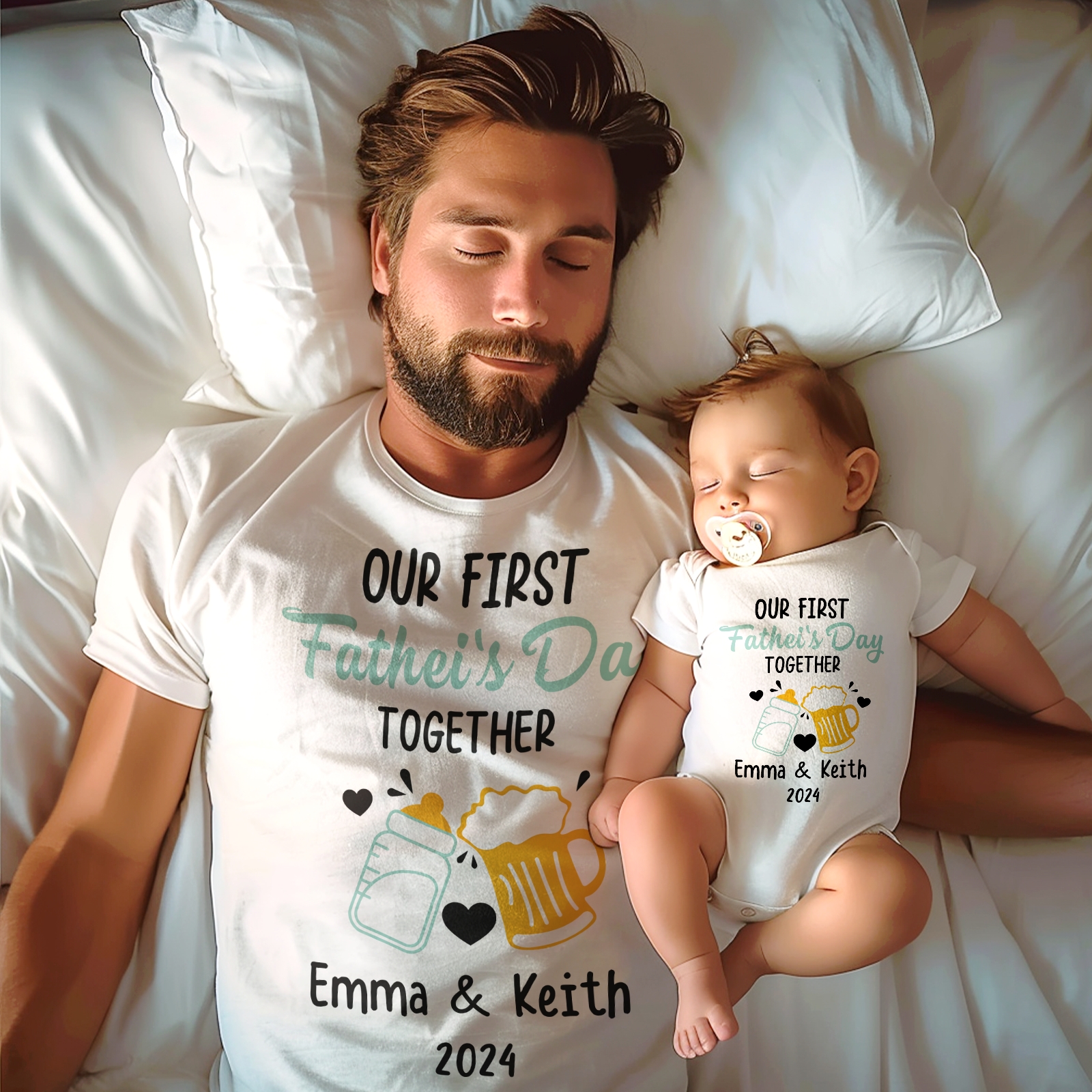Personalized Colored Milk Bottles and Beer Dad and Baby Matching Shirt Father’s Day Gift for Baby and Dad