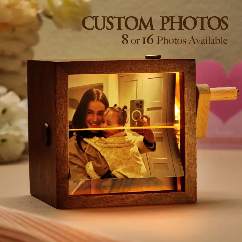 Custom Hand-Crank Flipbook Box Photo Album with Light Black Walnut Baby Photo Cube Frame Creative Gift