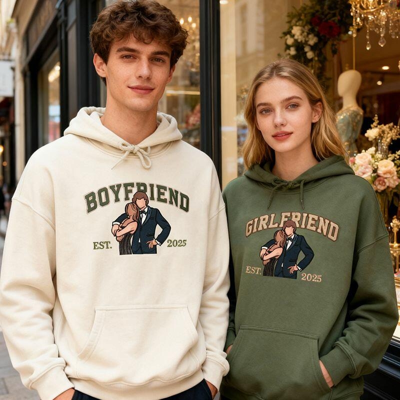 Custom Embroidered Couple Portrait Photo Hoodie