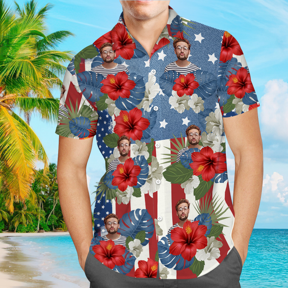 Custom Photo American Flag Hawaiian Shirt Tropical Independence Day Gift Shirt
