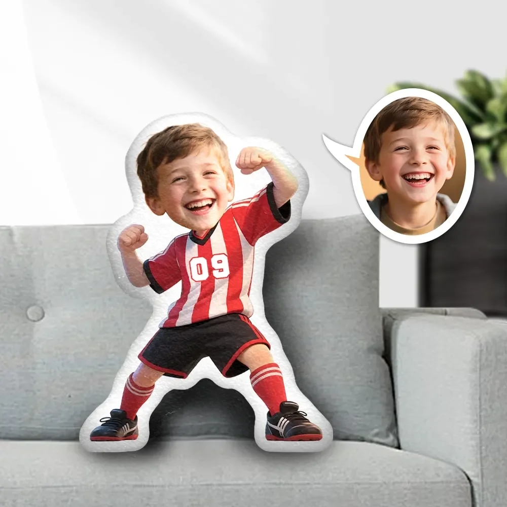 Custom Minime Pillow Cheering Boy Striped Jersey Boy with Fists Raised Birthday Children's Day
