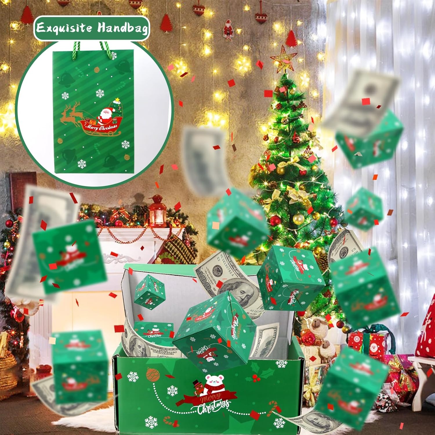 Christmas Surprise Gift Box Explosion, Explosion Gift Box, Xmas Money Gift Boxes, DIY Bouncing Box, Festival Photo Folding Gift Box Album Birthday Gift Decoration (Green)