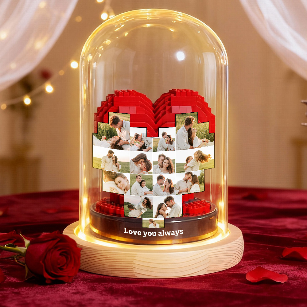 Custom Photo Love Building Block Night Light Toy Creative DIY Christmas Gift Assembling With Luminous Glass Cover, Gift For Sisters/Couples/Family