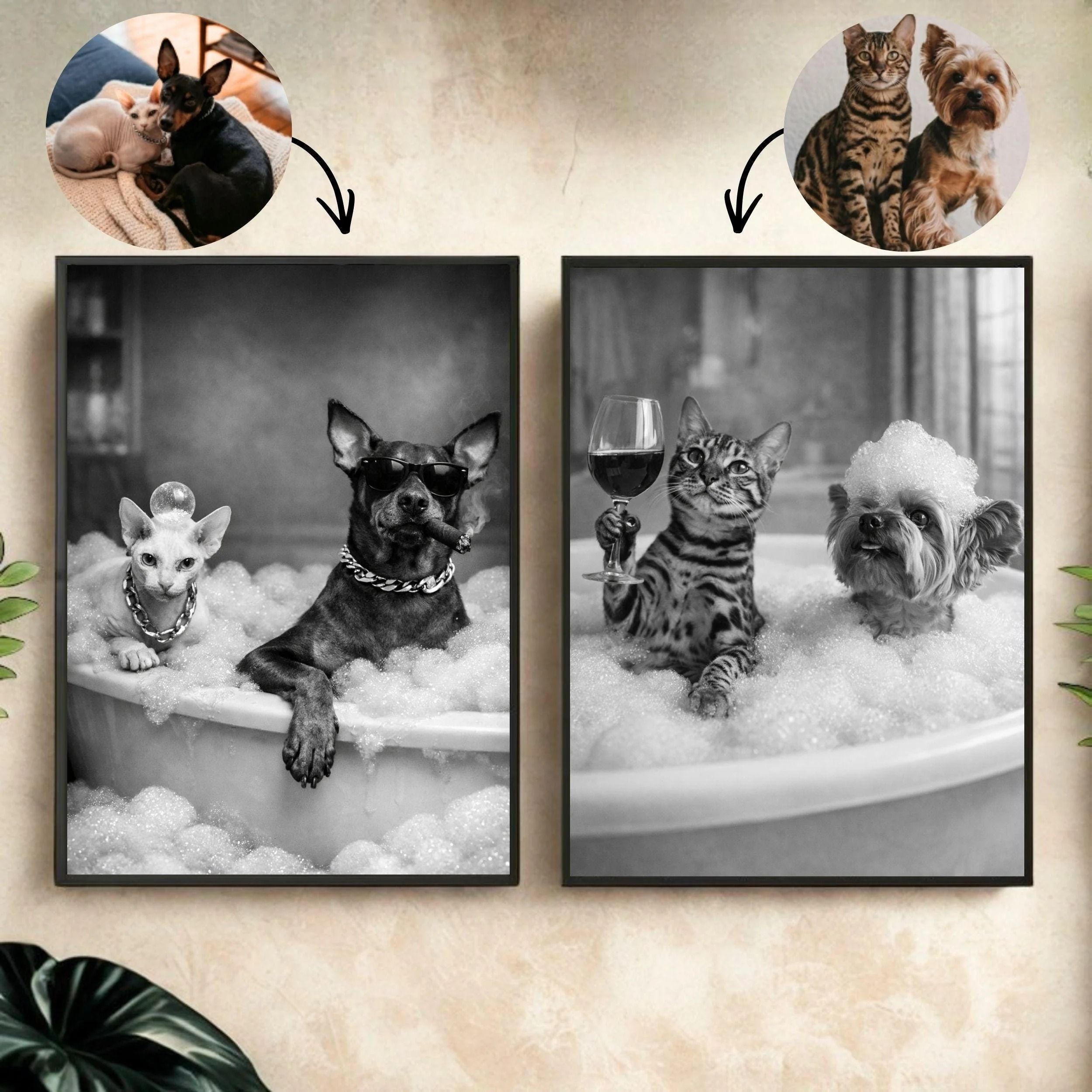 Custom Pet Bathroom Portrait (1–3 Pets) – Funny Dog & Cat Wall Art Canvas or Poster