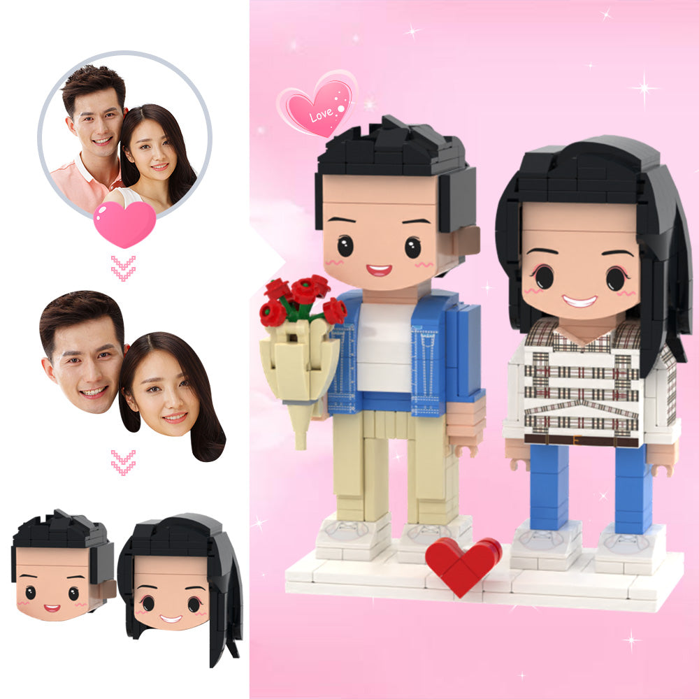 Custom Head Cute Brick Figures Personalized 2 People Cute Brick Figures Couple with Rose Brick Figures