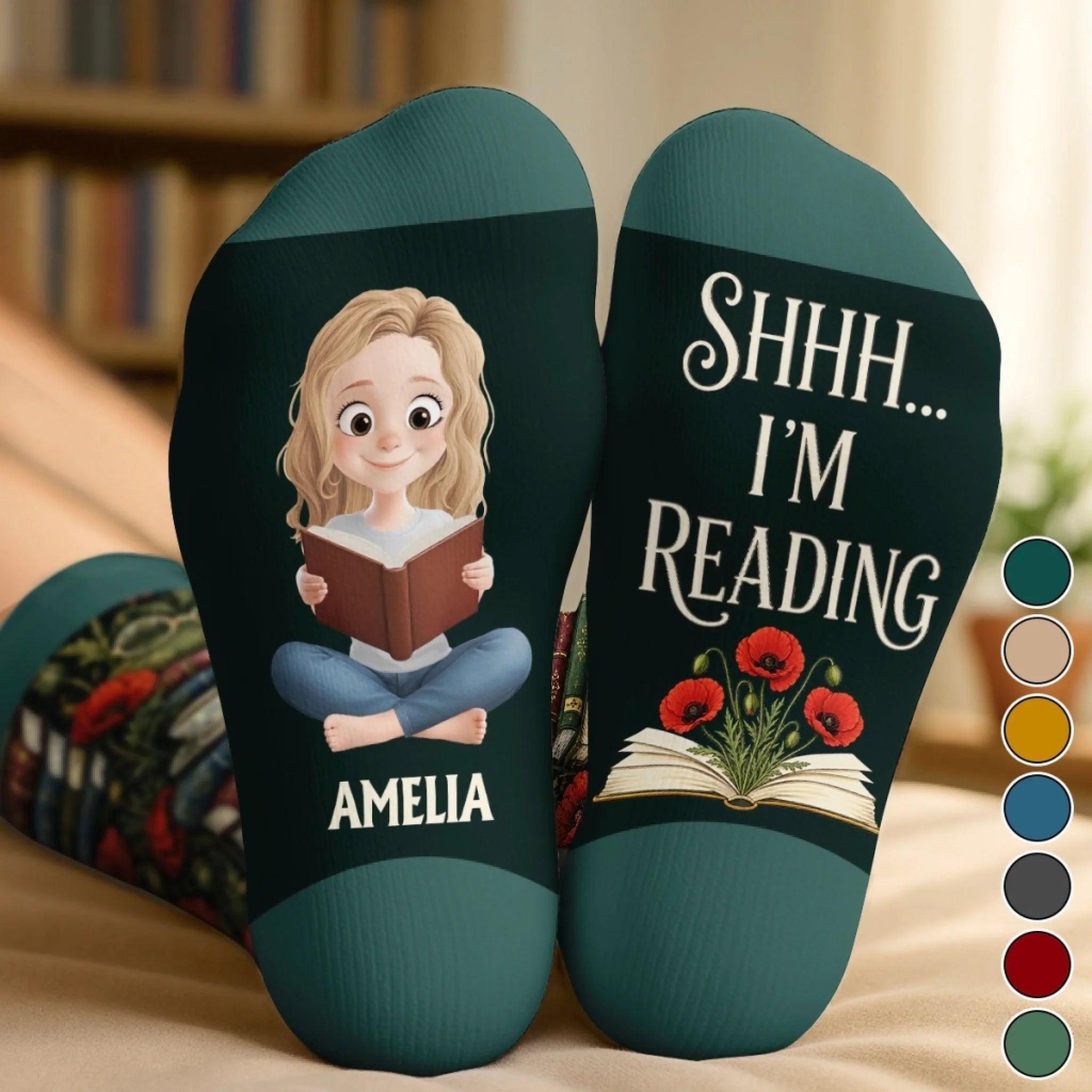 Custom Shh I'm Reading Crew Socks - Personalized Bookish Gifts For Book Lovers, Bookworms, Readers - One More Chapter - MyFaceTshirt