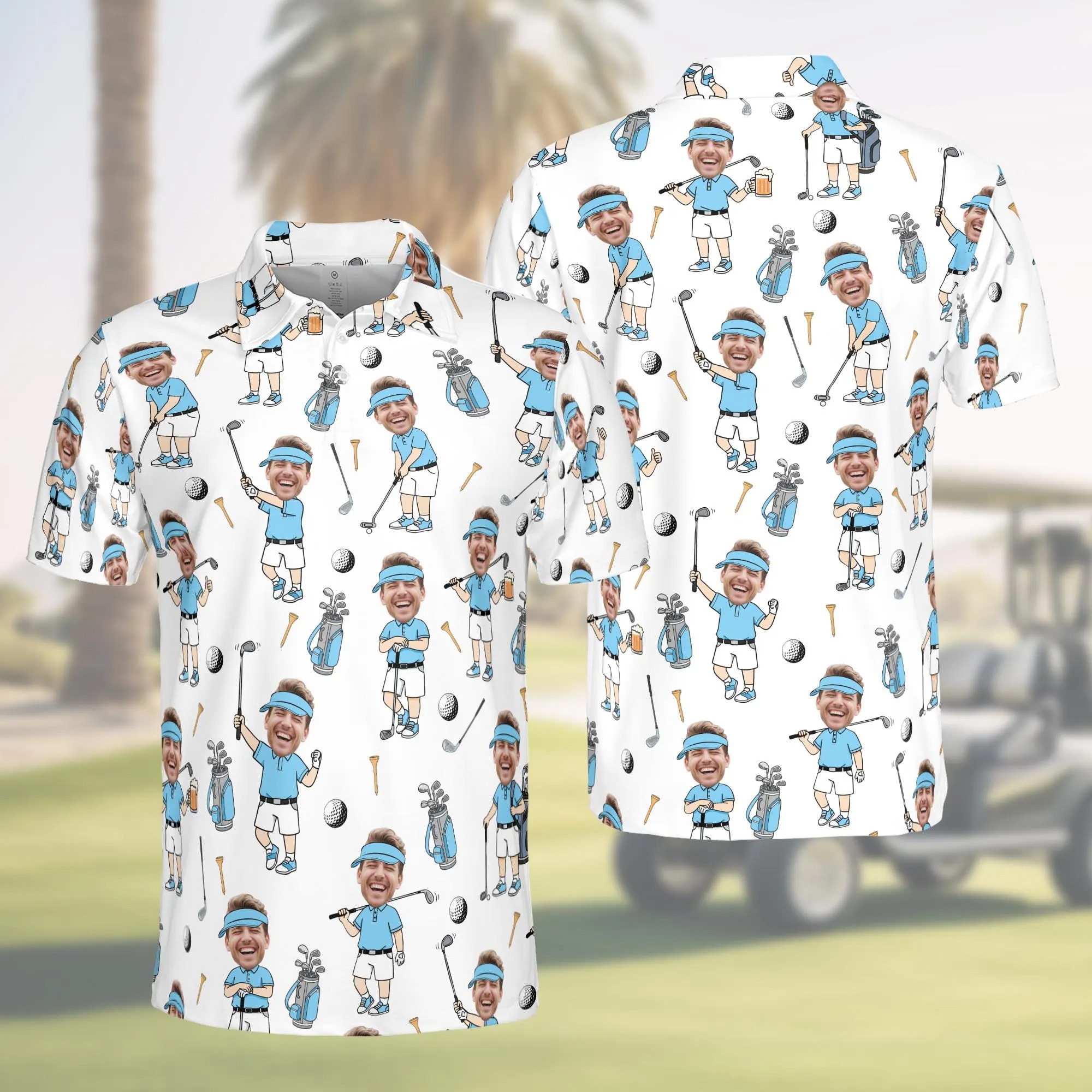 Custom Face Golf Polo Shirt for Men, Funny Cartoon Golfer Shirt, Matching Golf Team Polo, Summer Golf Shirt, Personalized Golf Lover Gift