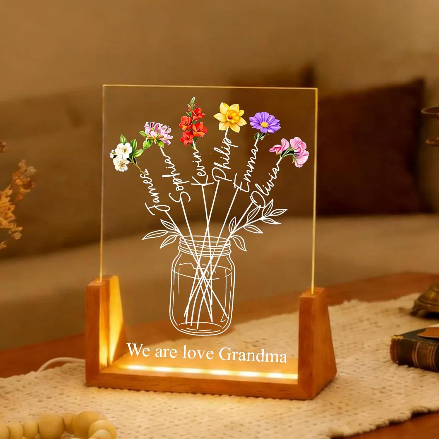 Personalized Grandma's Garden Night Light Family Bouquet Gift Mothers Day Custom Kids Name Birthday Date 1