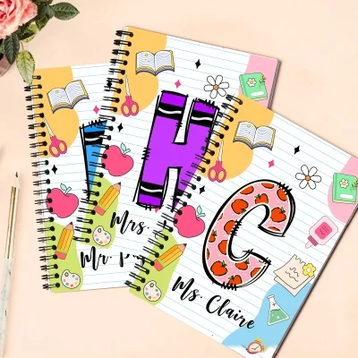Personalized Name & Initial Teacher's Notebook, Softcover Pencil Apple Crayon Design A5 Spiral Notebook, Back to School/Appreciation Gift for Teachers