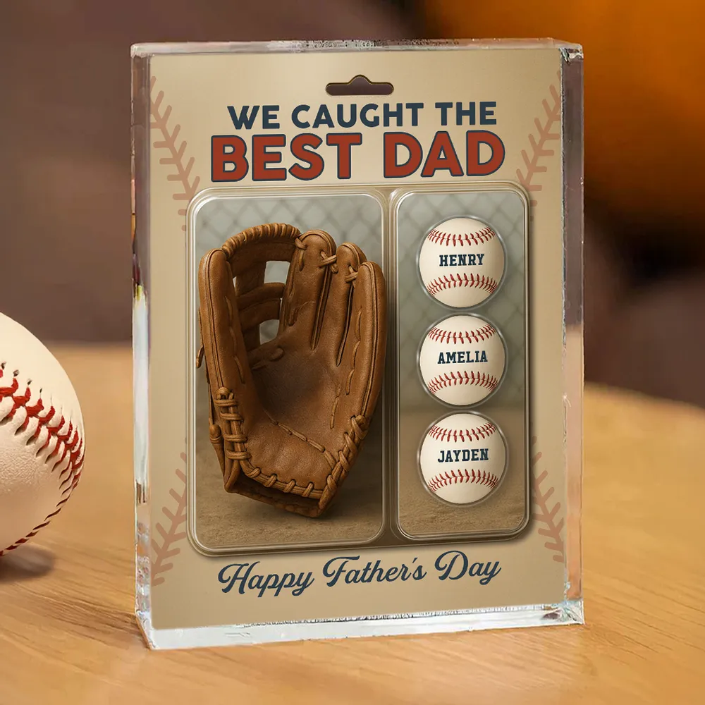 Personalized Acrylic Block Plaque We Caught the Best Dad & Grandpa' with Baseball and Glove Figures