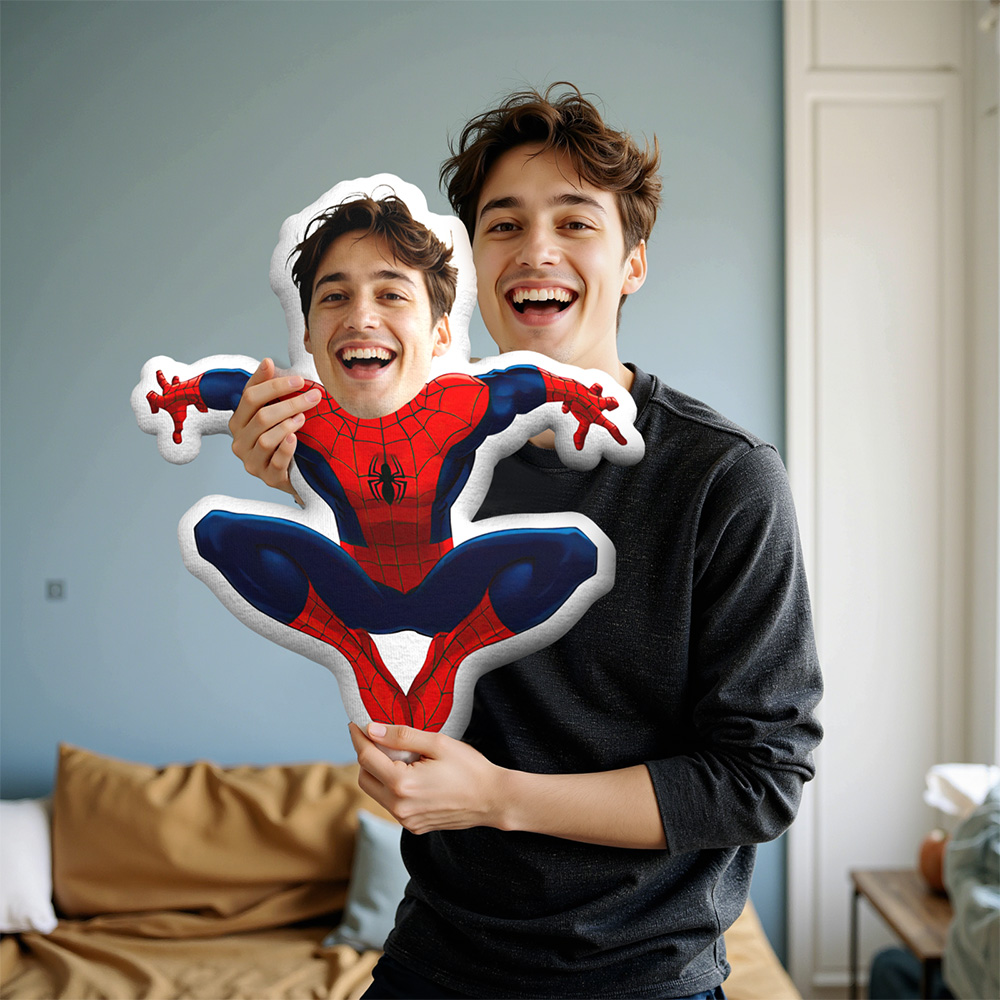 Custom Face Pillow Personalized Photo Pillow Squatting Spiderman MiniMe Pillow - MyFaceTshirt