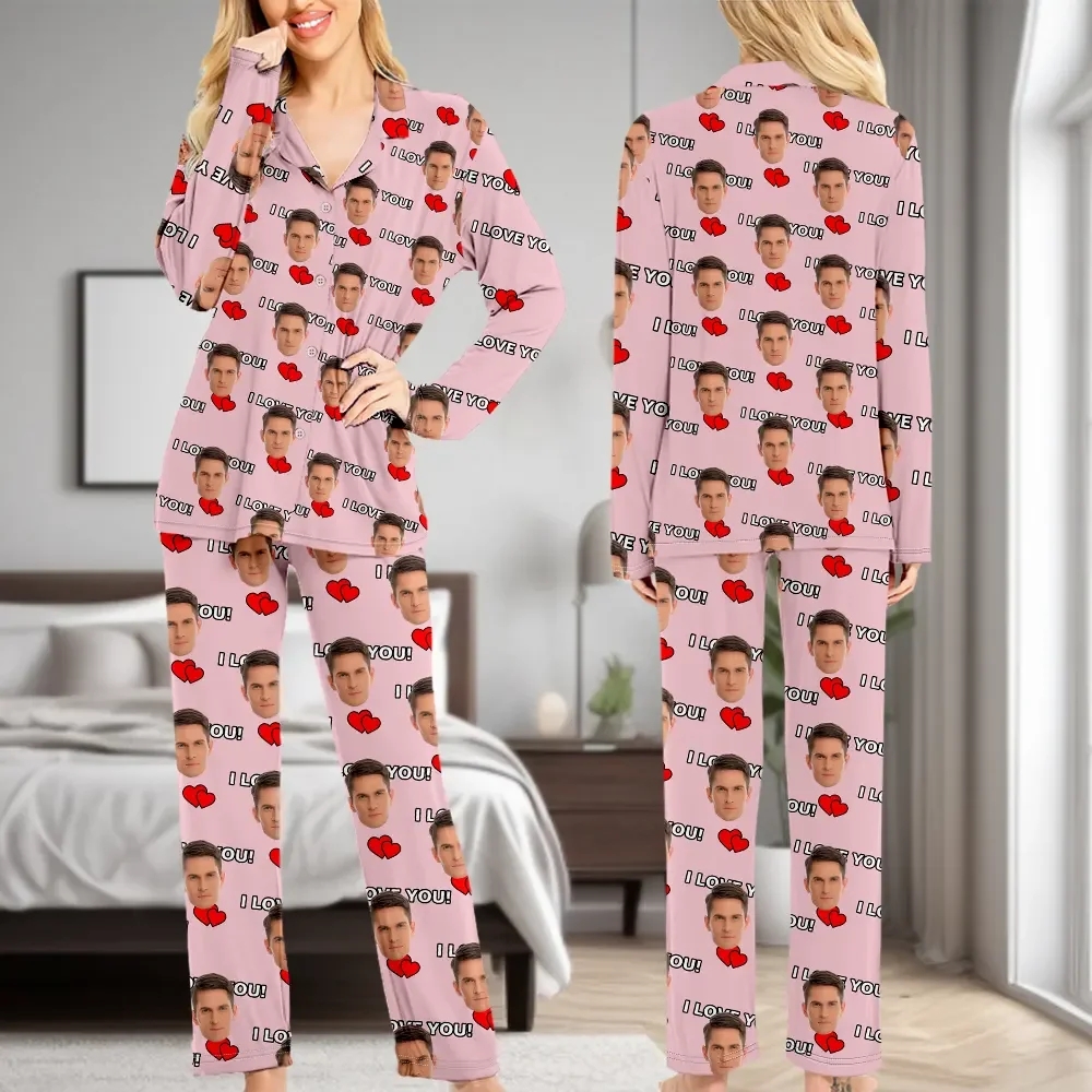 Custom Funny Face Long Sleeve Pajamas Custom I Love You Photo Pajamas