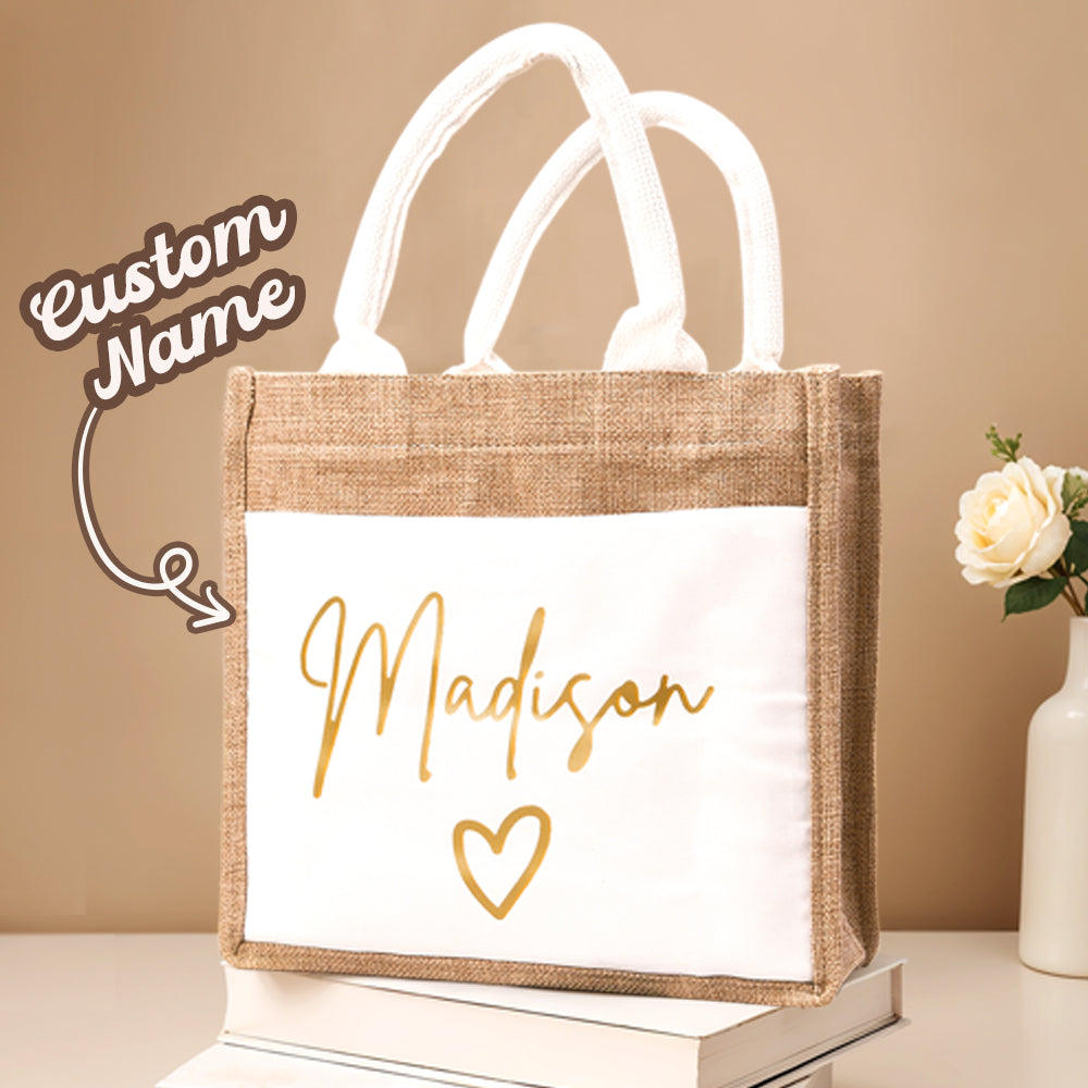 Personalized Jute Tote Bag with Pocket Reusable Beach Travel Accessory Bridal Party Wedding Gift for Her - MyFaceTshirt