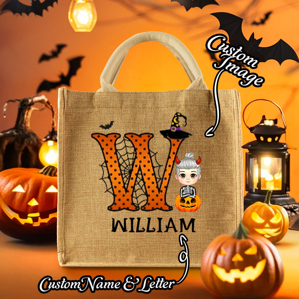 Personalized Cartoon Character Pumpkin Design Trick or Treat Candy Jute Tote Bag with Initial & Name Halloween Party Favors Gift for Kids - MyFaceTshirt