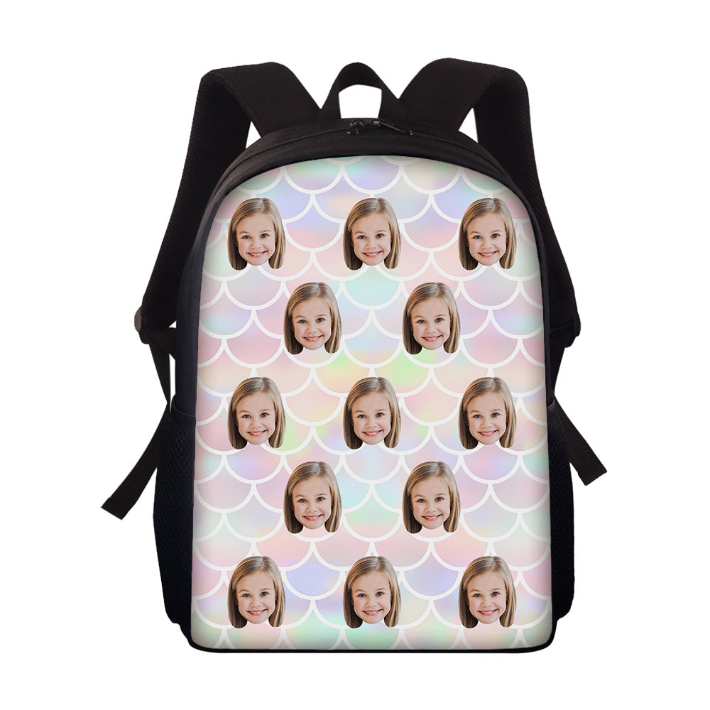 Custom Face Backpack Personalised Mermaid Color School Bag for Students - MyFaceTshirt
