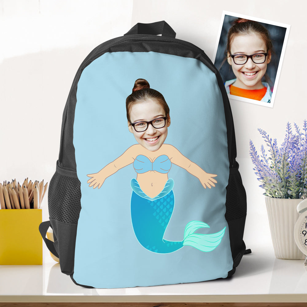 Personalized Blue Mermaid Photo Backpacks Minime Bookbags Back To School Gifts For Girls Gifts - MyFaceTshirt