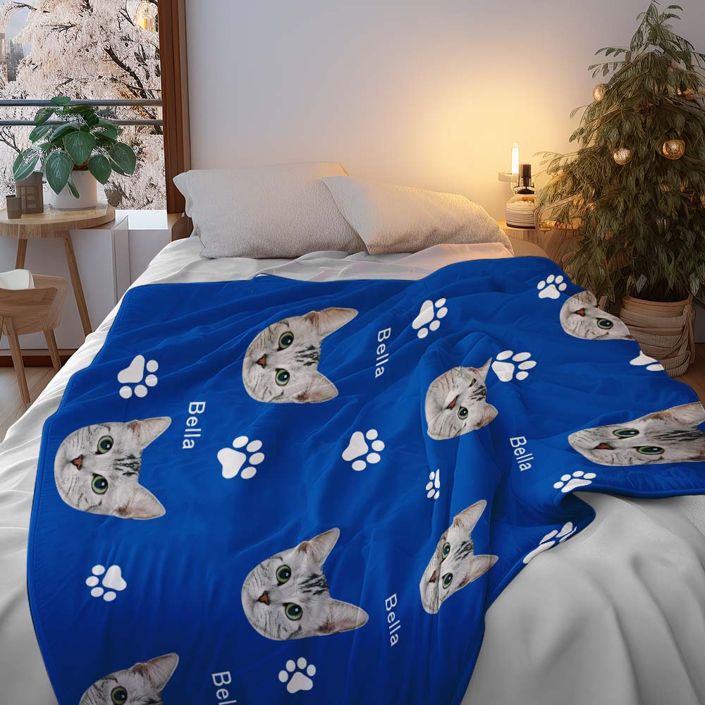 Custom Photo Name Blankets Custom Christmas Blankets Personalized Photo Fleece Blanket - Cute Pet Paw Prints