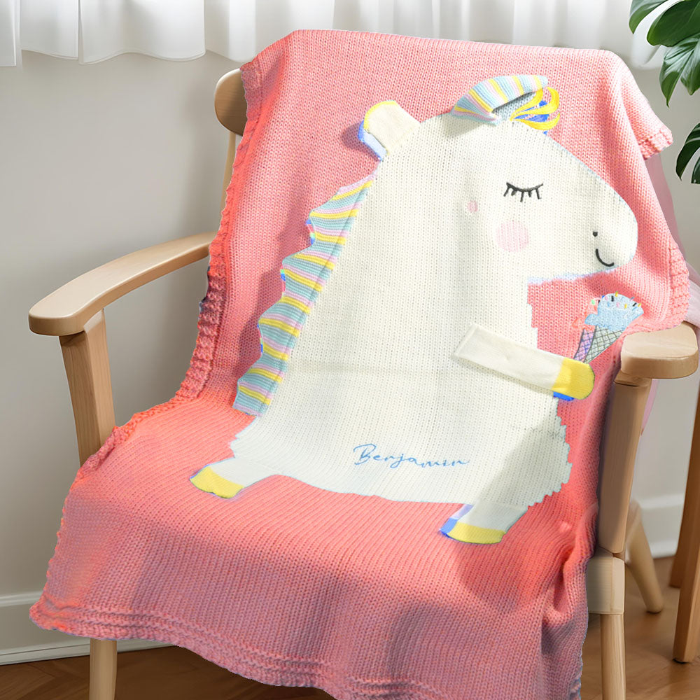Personalized Knitted Blanket Unicorn Blanket with Embroidered Name Gift for Baby - MyFaceTshirt