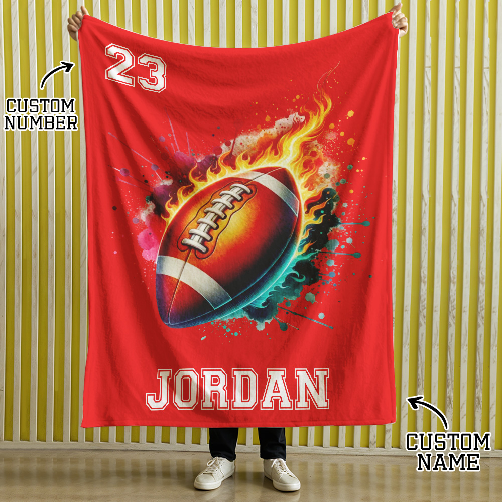 Personalized Flaming Basketball Football Sports Ball Design Soft Throw Blanket with Name and Number Birthday Match Day Gift for Team Ball Games Lovers - MyFaceTshirt