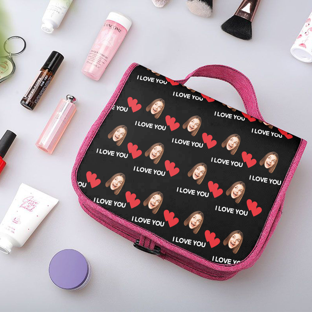 Custom Face Hanging Toiletry Bag Personalized Heart Cosmetic Makeup Travel Organizer for Men and Women - MyFaceTshirt