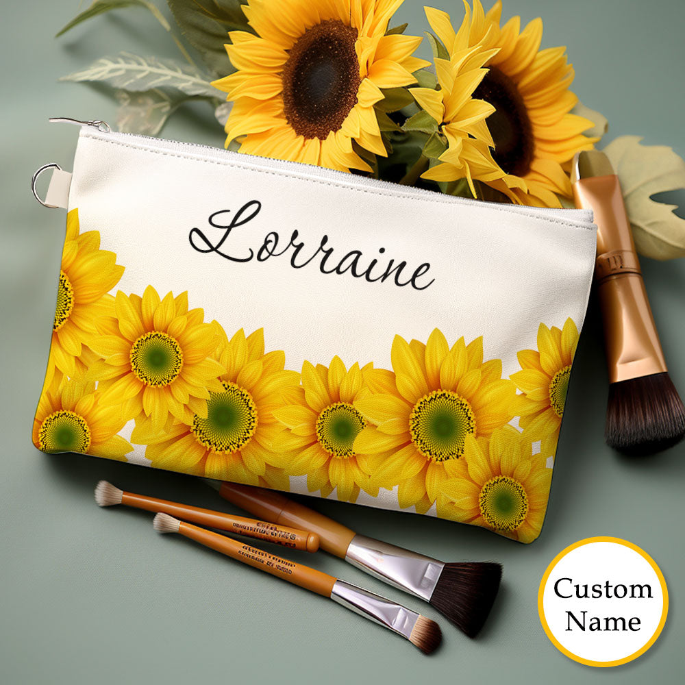 Custom Name Sunflower Makeup Bag Cosmetics Travel Bag - MyFaceTshirt