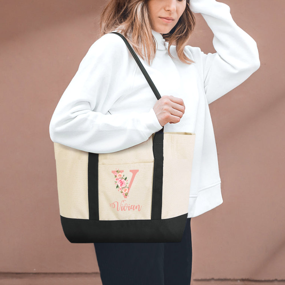 Custom Name Canvas Tote Bag Personalized Flower Beach Bag Gift for Women - MyFaceTshirt