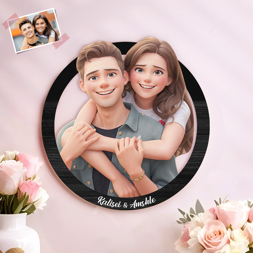 Couple Gifts for Valentine Custom Photo 3D Cartoon Portrait Gift Photo Frame, Cartoon Style 3D Photo Wooden Frame Sign, Wedding Anniversary Gift