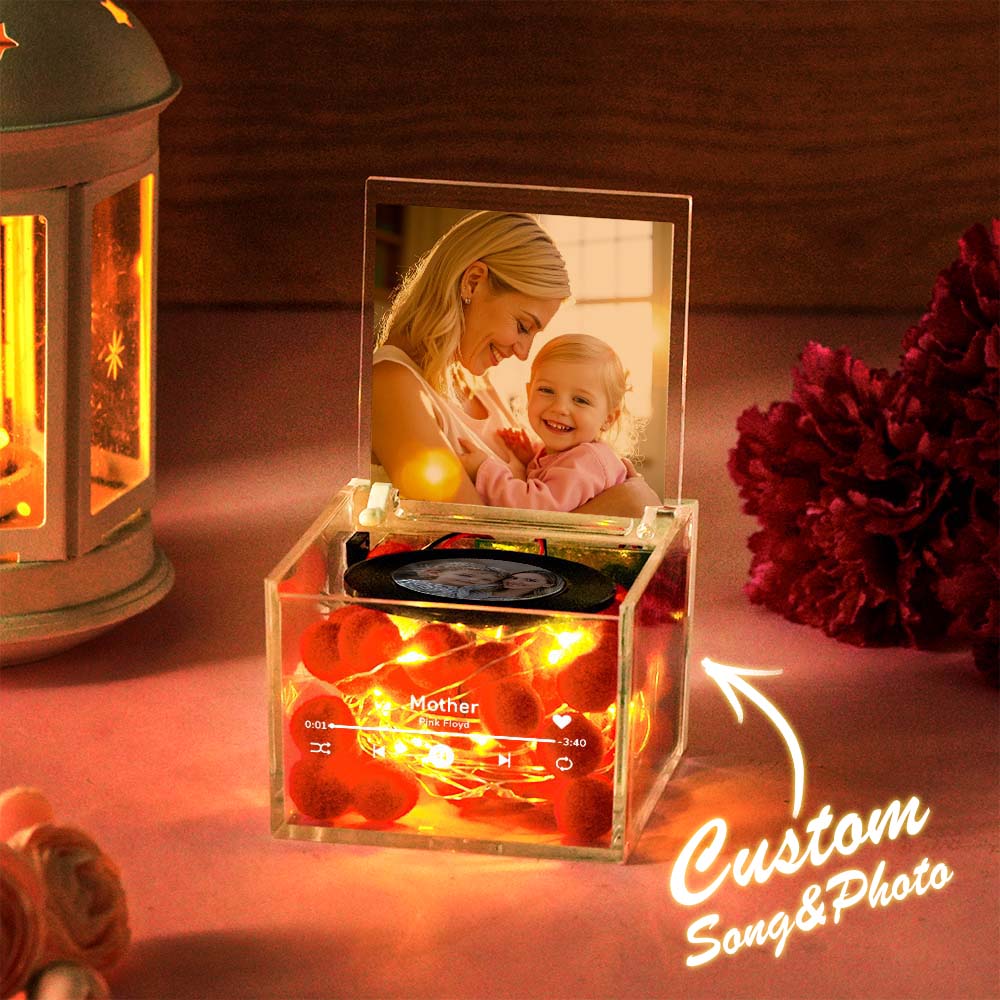 Custom Linear Art Cover Personalised Mini Vinyl Record Player For Mother`s Day Custom Acrylic Box Gift For Mum - MyFaceTshirt
