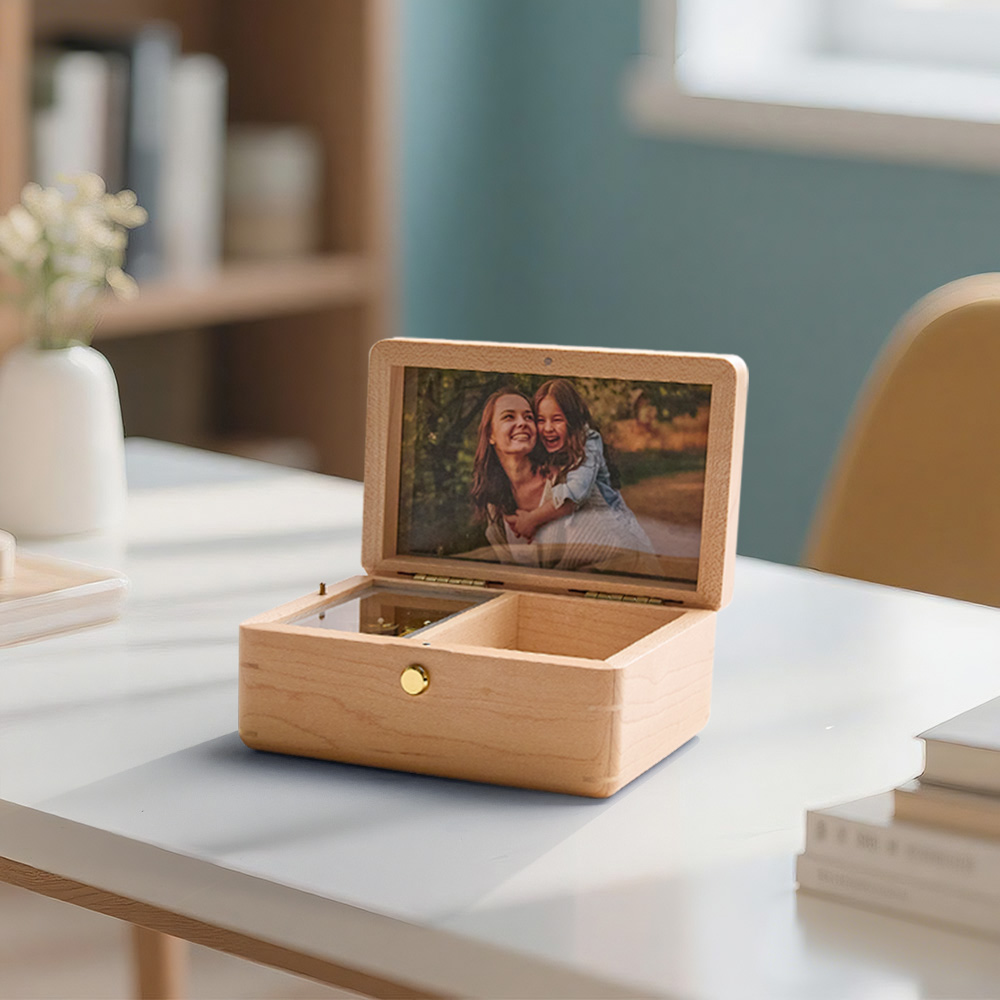 Wood Rectangle Custom Photo Jewelry Wind Up Music box Custom picture and Music Box Mother's Day Gifts