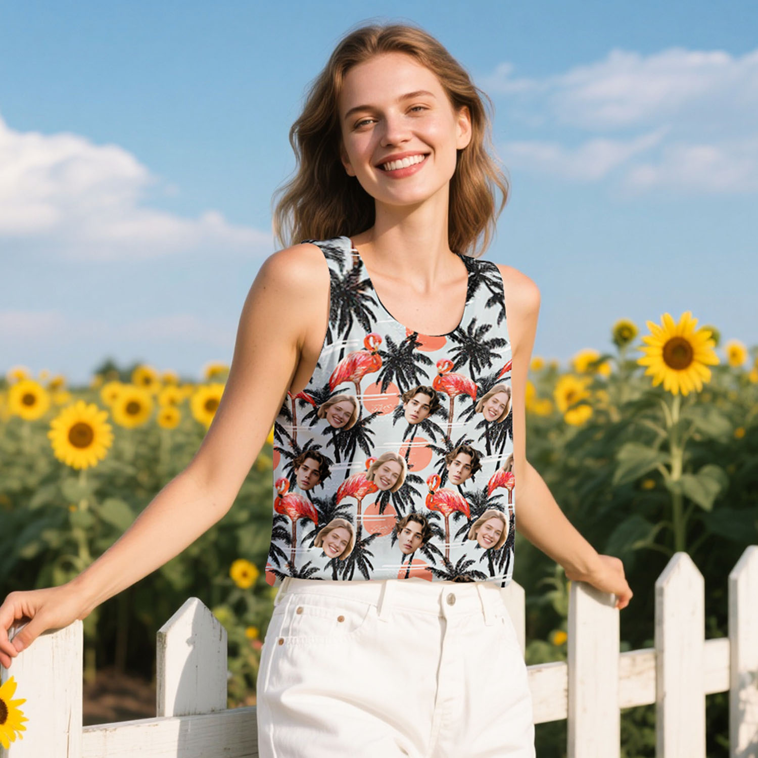 Custom Face Hawaiian Tank Top Custom Orange Flamingo Tank Top Backless Style Gift For Her