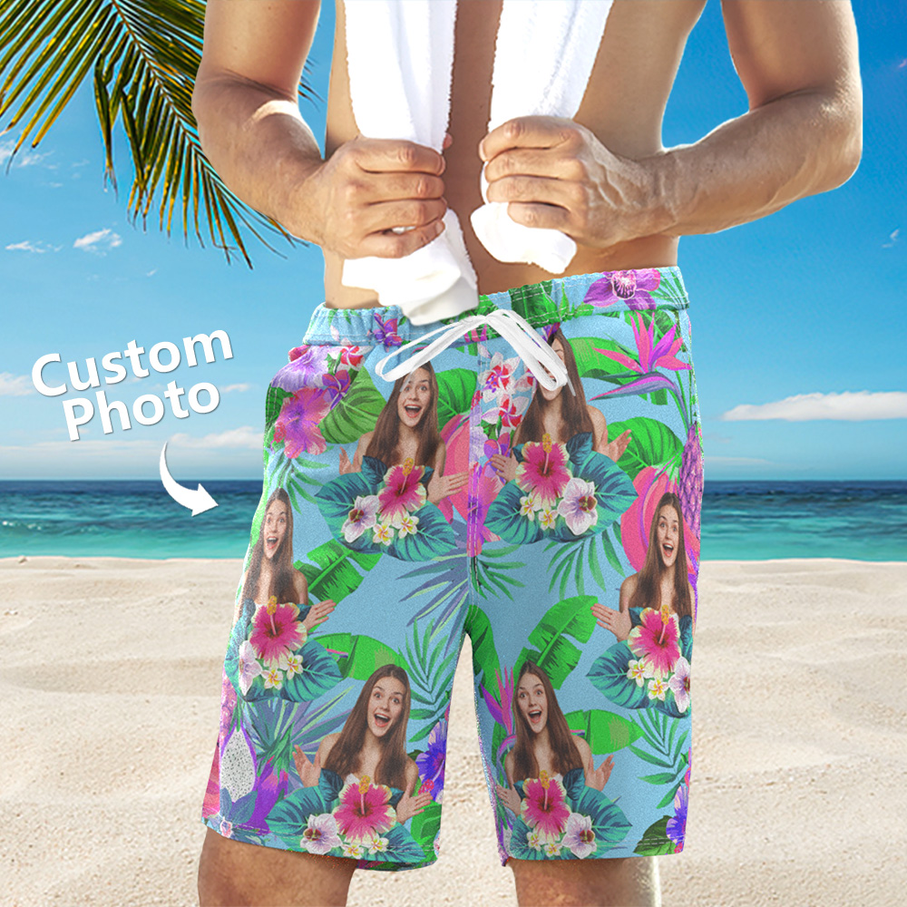 Custom Photo Funny Family Pet Face Black Colorful Tropical Personalized Beach Shorts