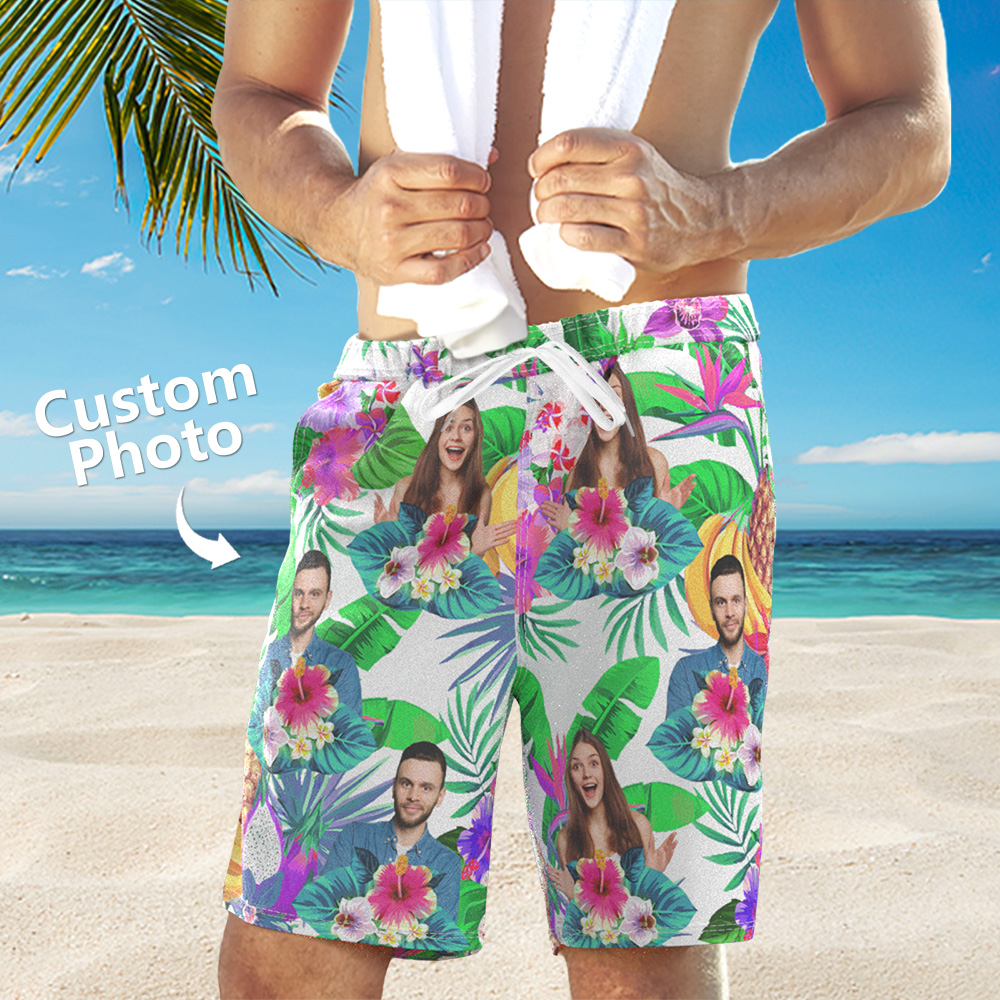Custom Photo Funny Family Pet Face Black Colorful Tropical Personalized Beach Shorts