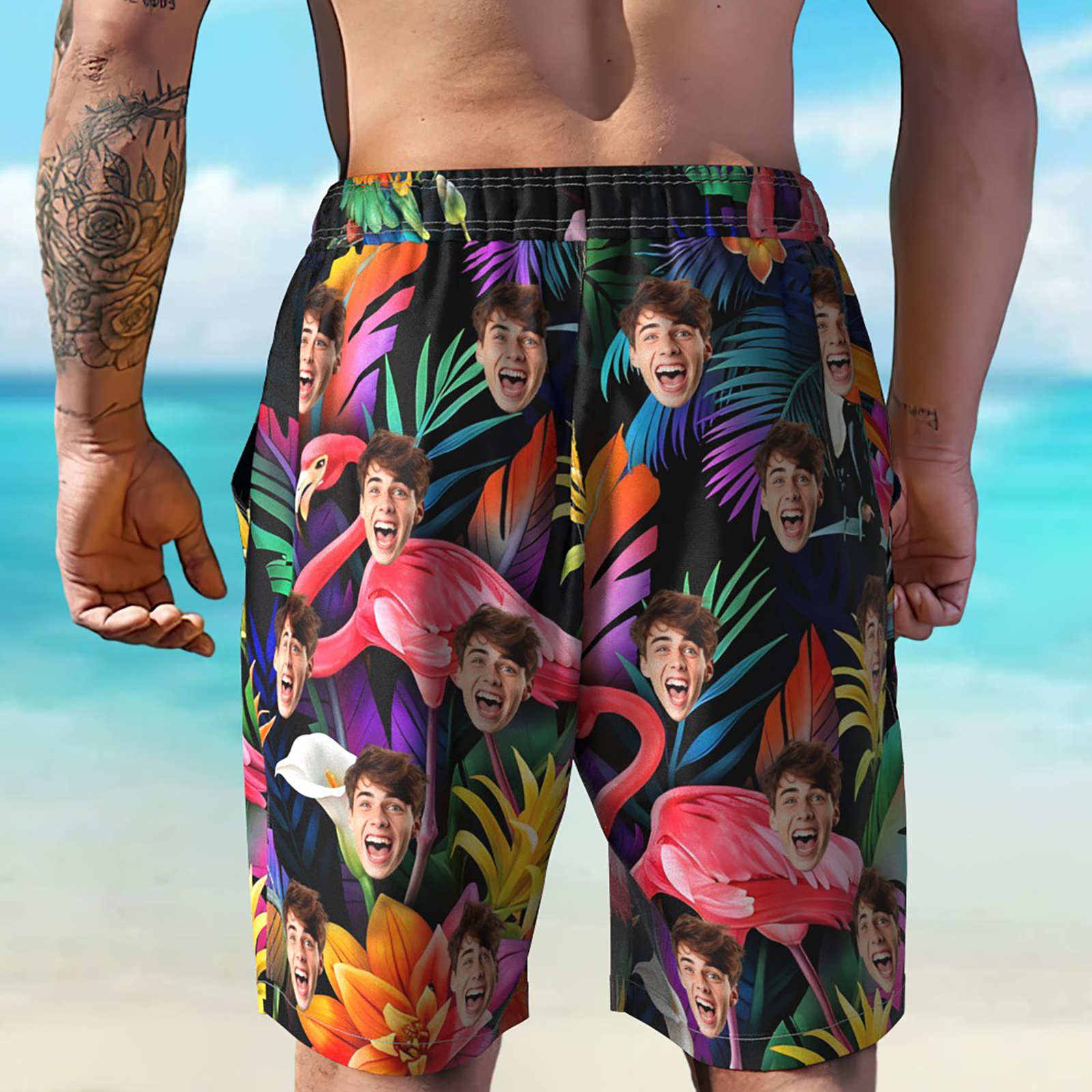 Custom Flamingo Floral Beach Trunks Personalized Human Face Beach Pants