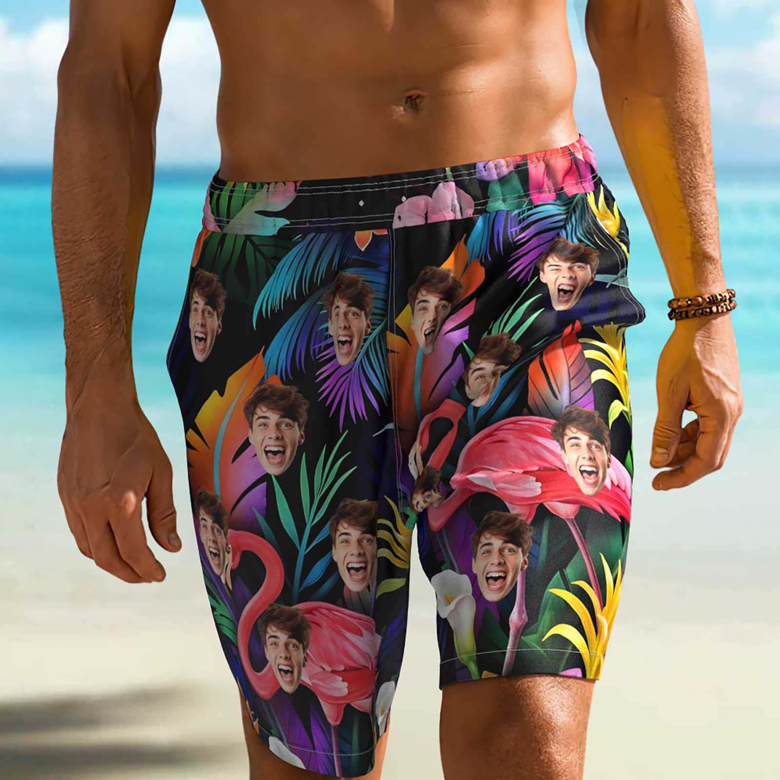 Custom Flamingo Floral Beach Trunks Personalized Human Face Beach Pants