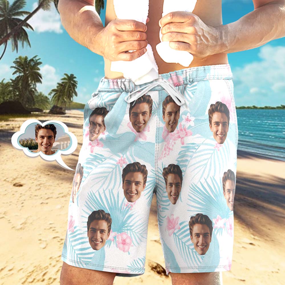 Custom Hawaiian Shirt Tropical Floral Hawaiian Trunks All Over Print Face White Flower Blue Trunks