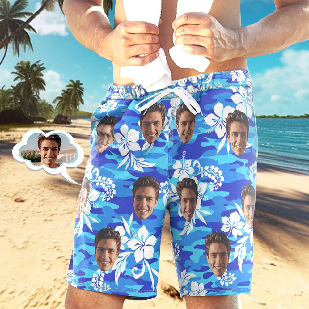 Custom Hawaiian Shirt Tropical Floral Hawaiian Trunks All Over Print Face White Flower Blue Trunks