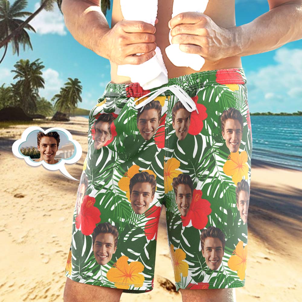 Custom Hawaiian Shirt Tropical Floral Hawaiian Trunks All Over Print Face White Flower Blue Trunks