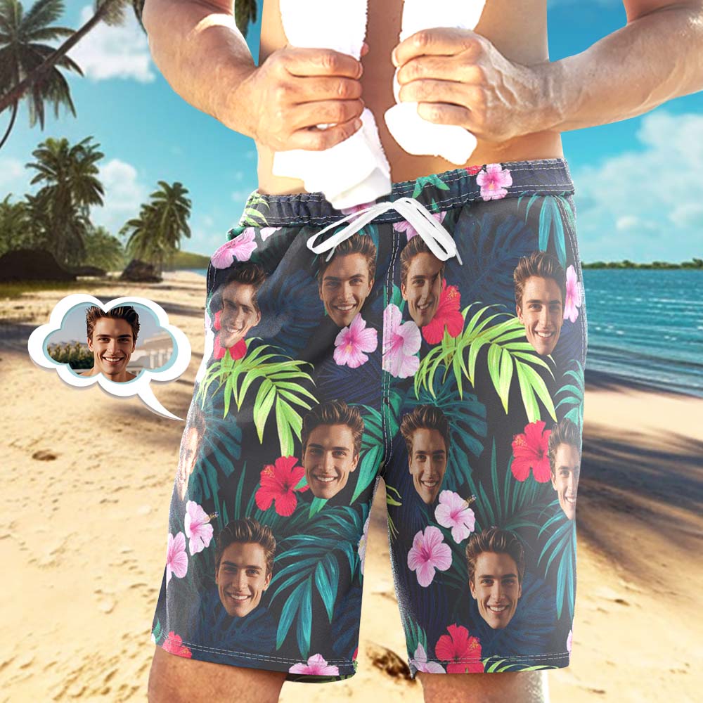 Custom Hawaiian Shirt Tropical Floral Hawaiian Trunks All Over Print Face White Flower Blue Trunks