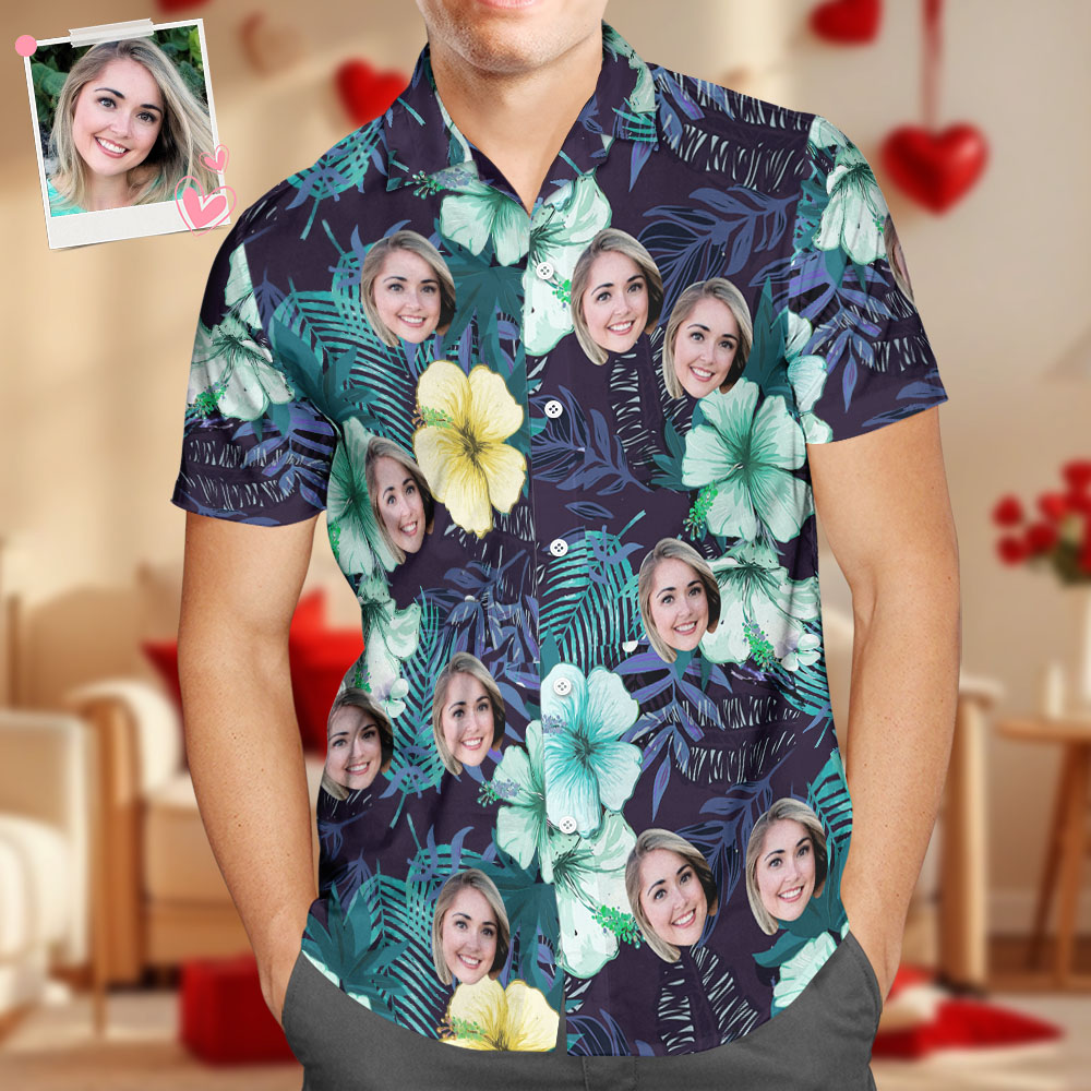Custom Face Hawaiian Shirt Men's All Over Print Aloha Shirt Gift - Green flowers