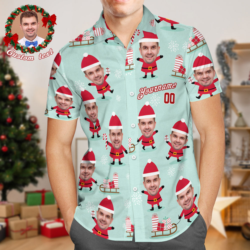 Custom Face Hawaiian Shirts Personalized Photo and Text Shirt Gift Men's Christmas Shirts Santa Claus and Presents