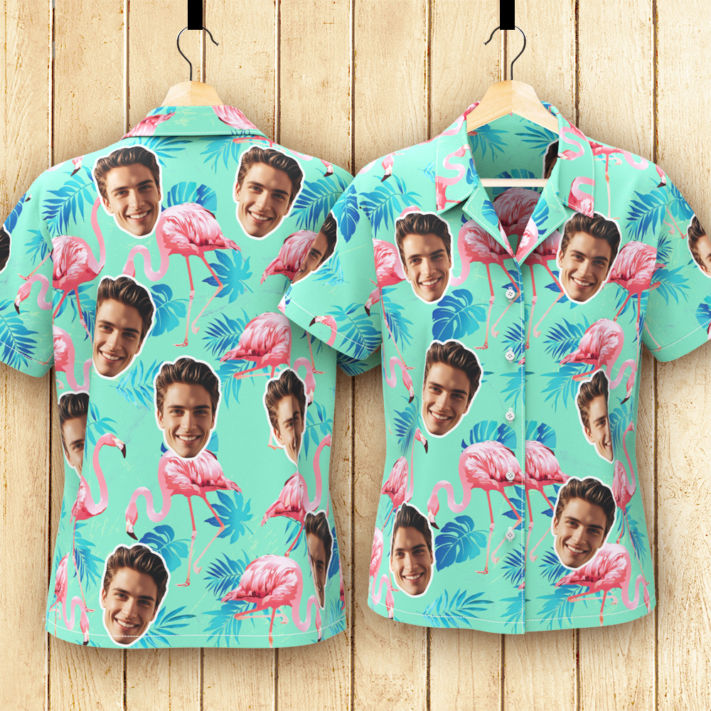 Custom Face Hawaiian Shirt Flamingo Tropical Shirt For Women ALL Over Printed Green and Palm Leaves