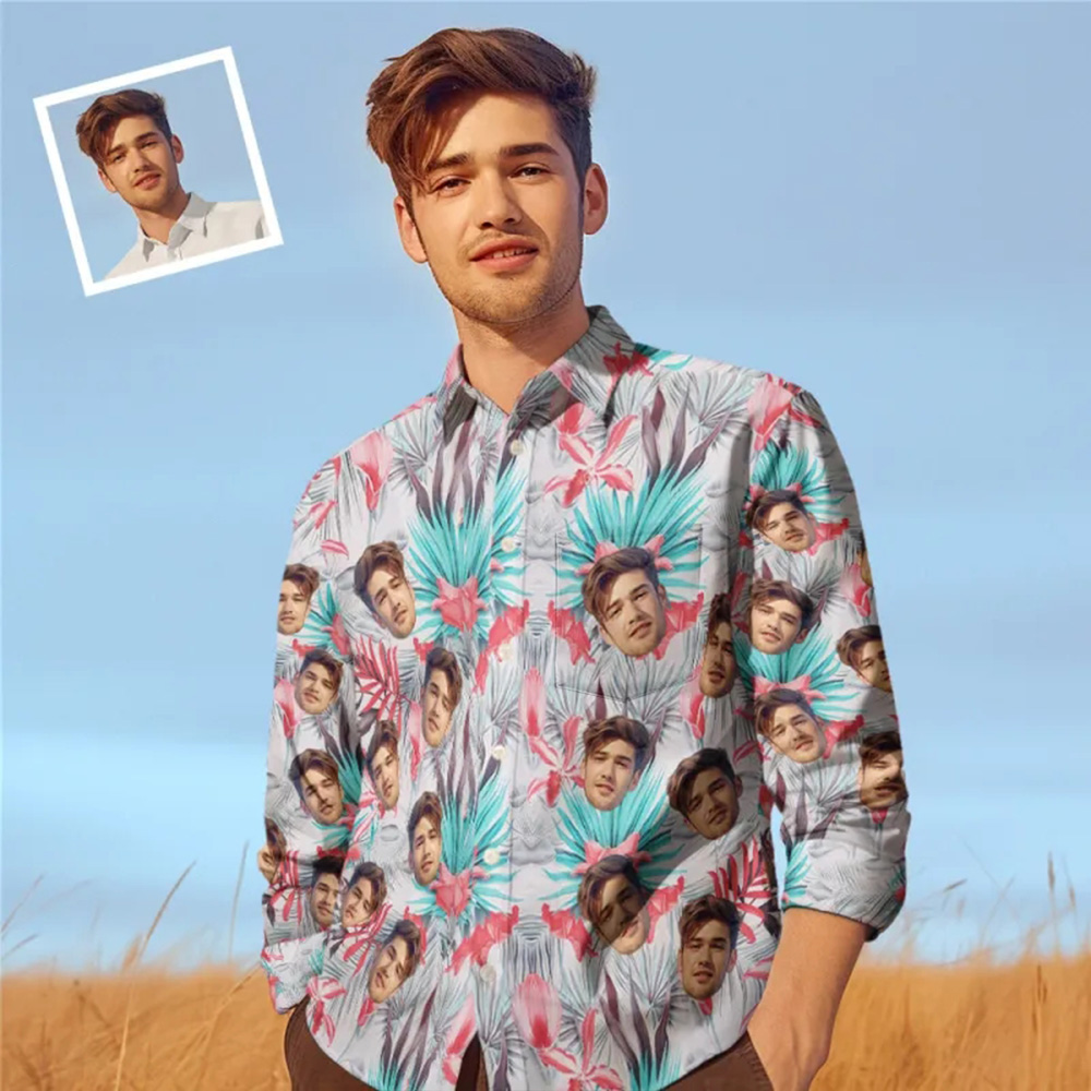 Custom Photo Long Sleeve Shirts Personalized Photo Gift Men's Valentine's Day Gift - Tropical Flower