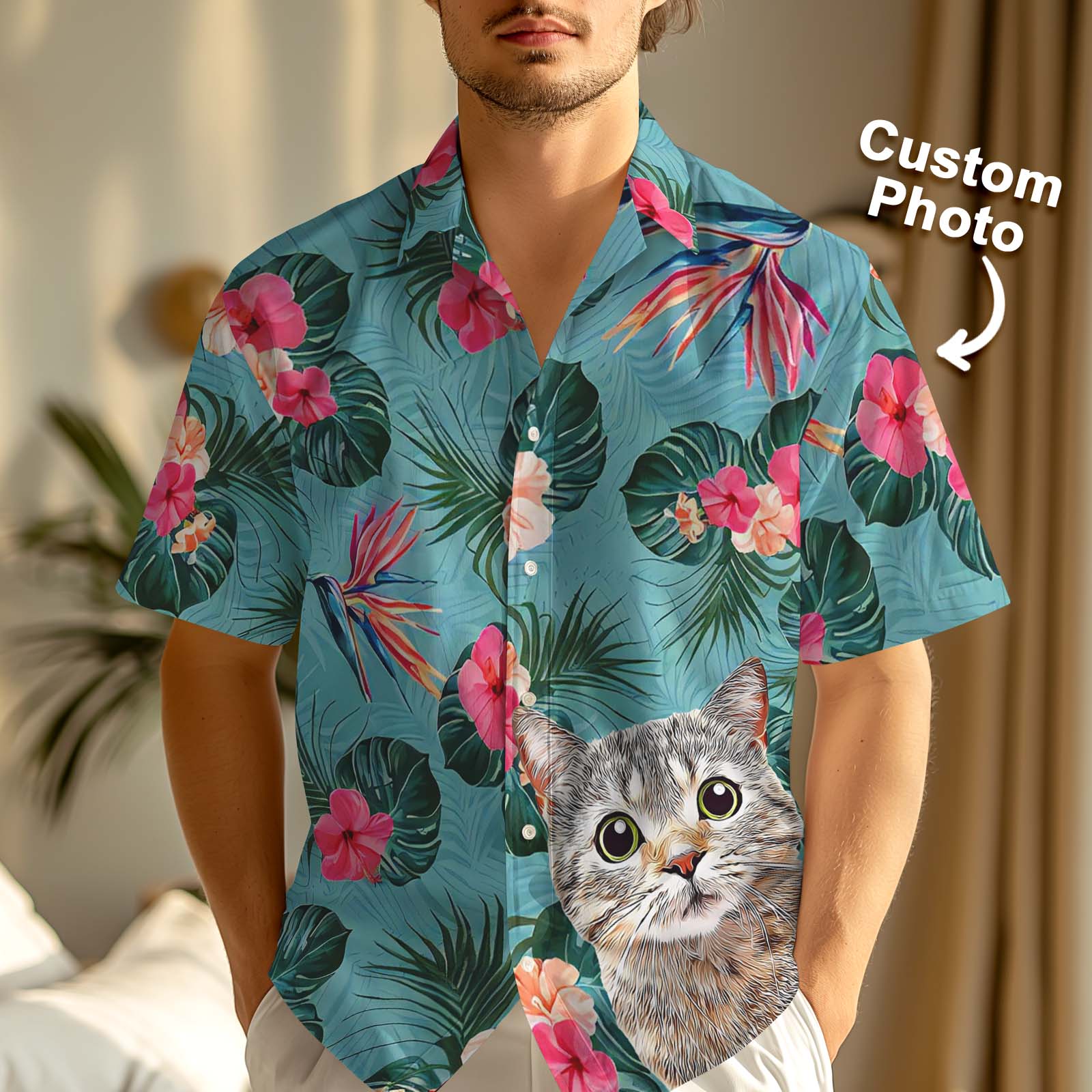 Custom Pet Photo Flowers And Leaves Personalized Face Hawaiian Shirt Gifts For Him